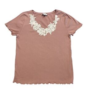 LOFT Ribbed Blush Top with Ivory Lace Accents